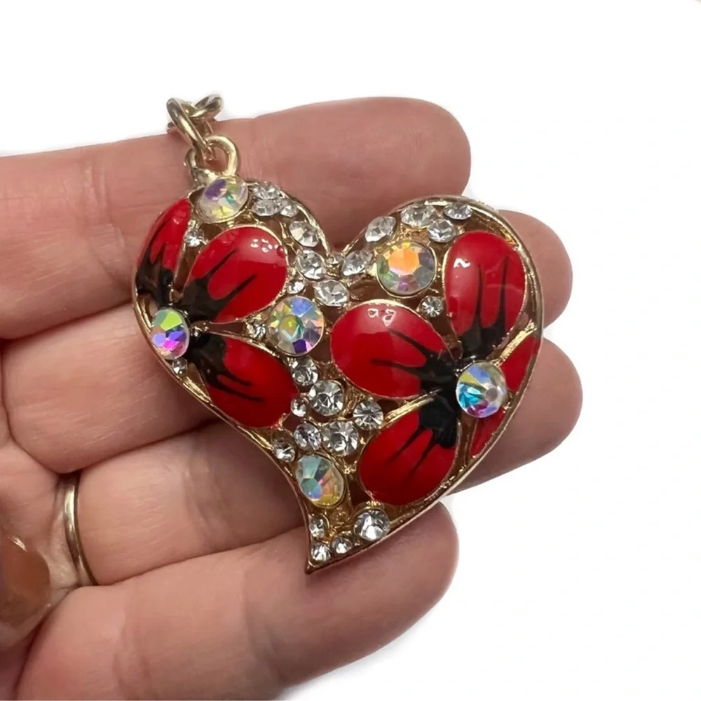 $3/20 Puffed Floral Rhinestone Heart Key Chain Bag Charm Red & Black in …